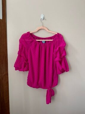 CeCe Fuchsia Off-Shoulder Tie-Hem Blouse